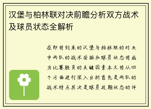 汉堡与柏林联对决前瞻分析双方战术及球员状态全解析