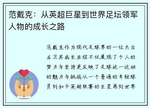 范戴克：从英超巨星到世界足坛领军人物的成长之路